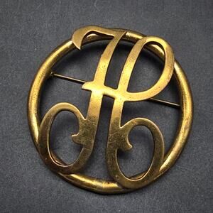 Vintage Letter H Initial Brooch Gold Tone Circle Monogram Costume Jewelry